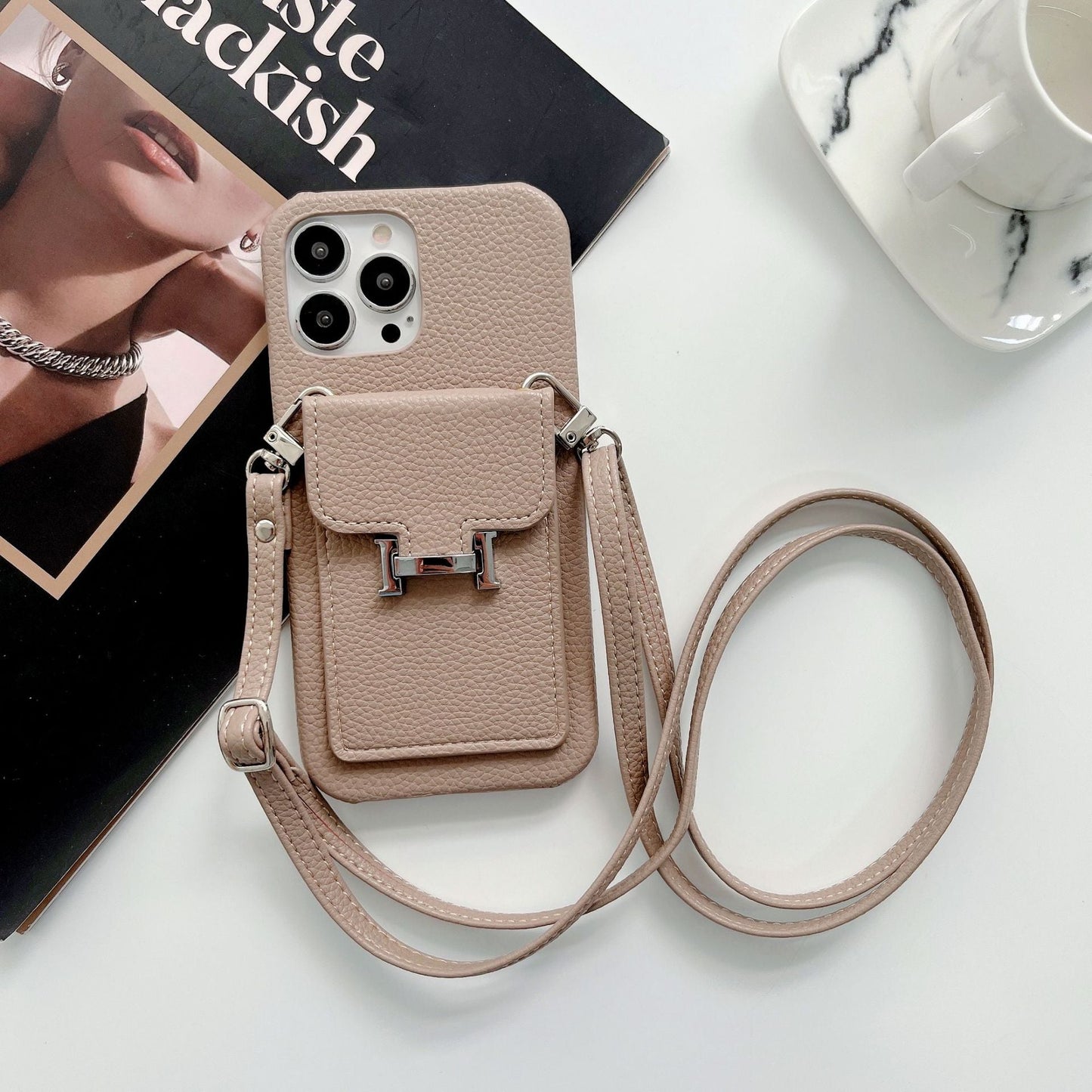 حامل بطاقة H حافظة جلدية على شكل سلسلة لهاتف iPhone