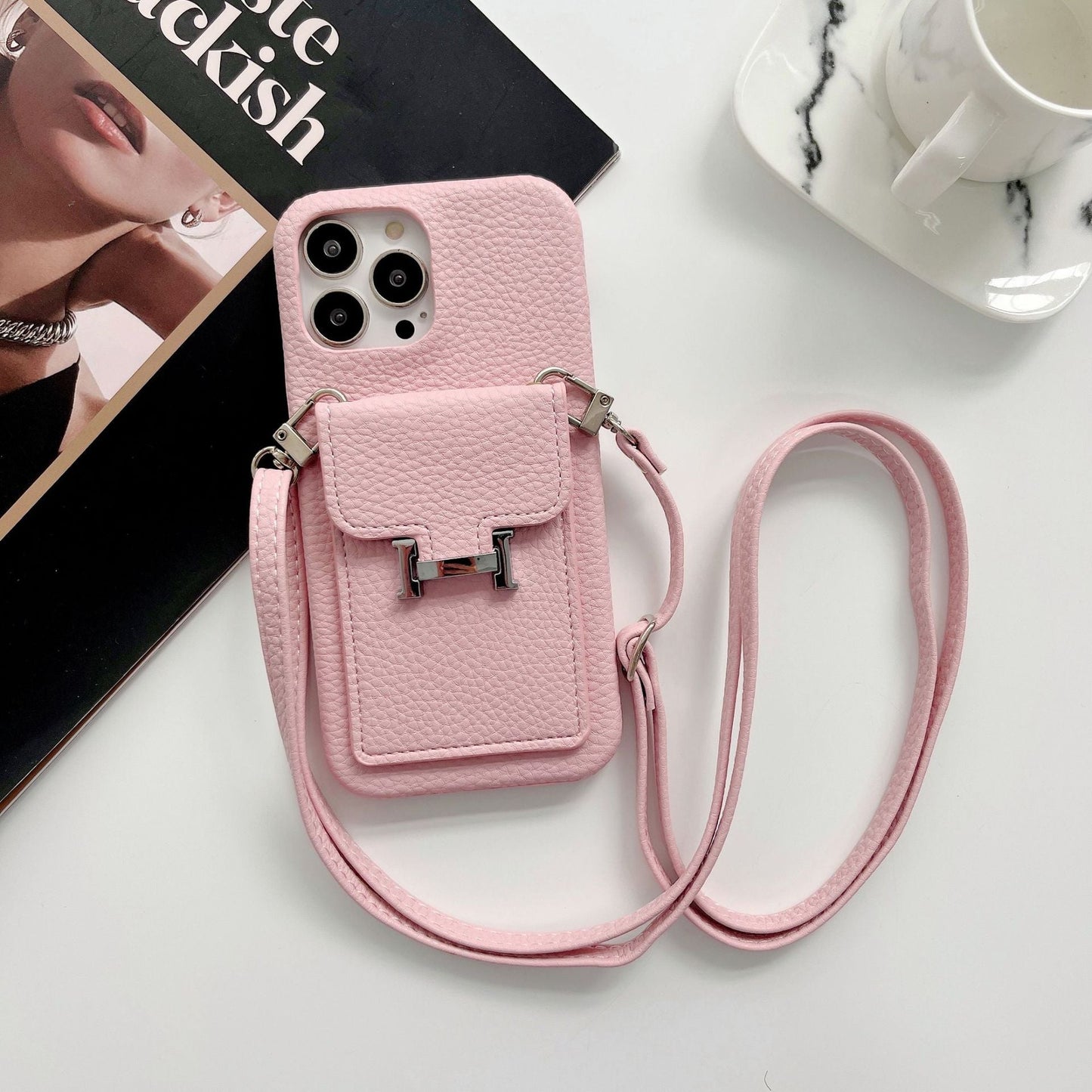 حامل بطاقة H حافظة جلدية على شكل سلسلة لهاتف iPhone