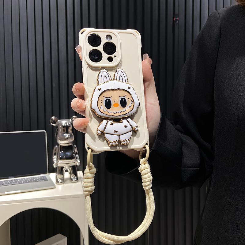 硬殼 Labubu 鏡子支架 iPhone 保護殼 – 可旋轉鏡子 |防震設計