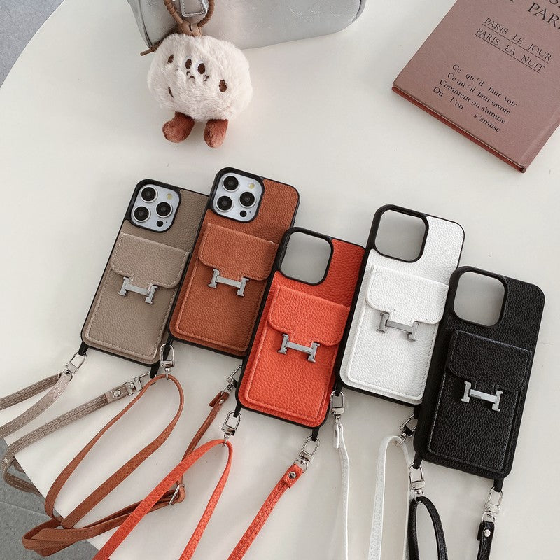Custodia per iPhone a tracolla in pelle con borsa per carte H