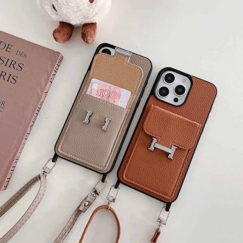 Custodia per iPhone a tracolla in pelle con borsa per carte H
