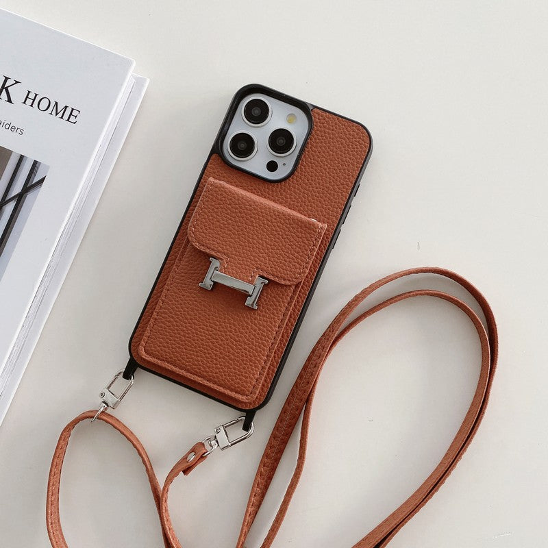 Custodia per iPhone a tracolla in pelle con borsa per carte H