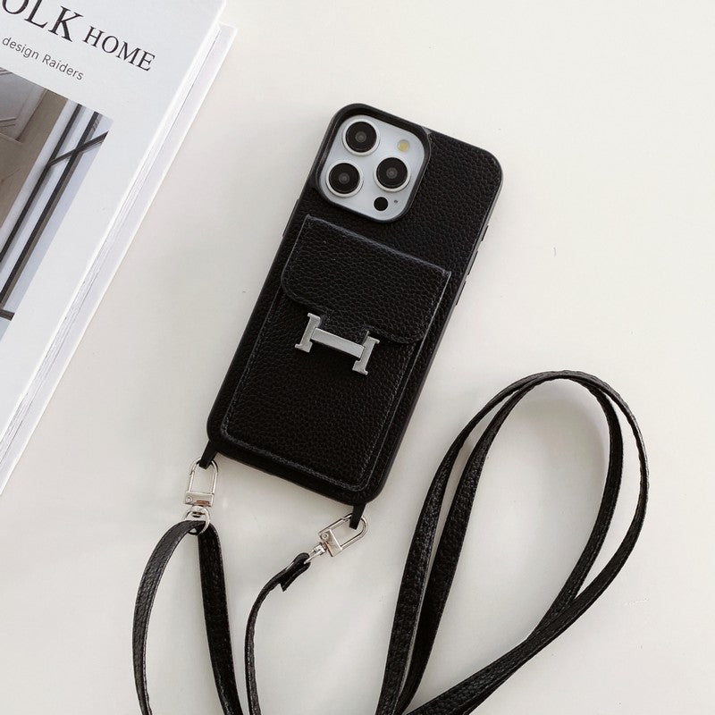 Custodia per iPhone a tracolla in pelle con borsa per carte H