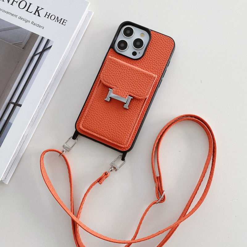 Custodia per iPhone a tracolla in pelle con borsa per carte H