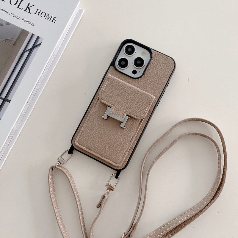 Custodia per iPhone a tracolla in pelle con borsa per carte H