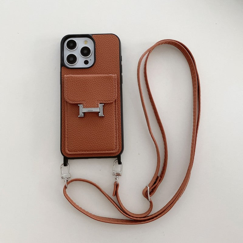 Custodia per iPhone a tracolla in pelle con borsa per carte H