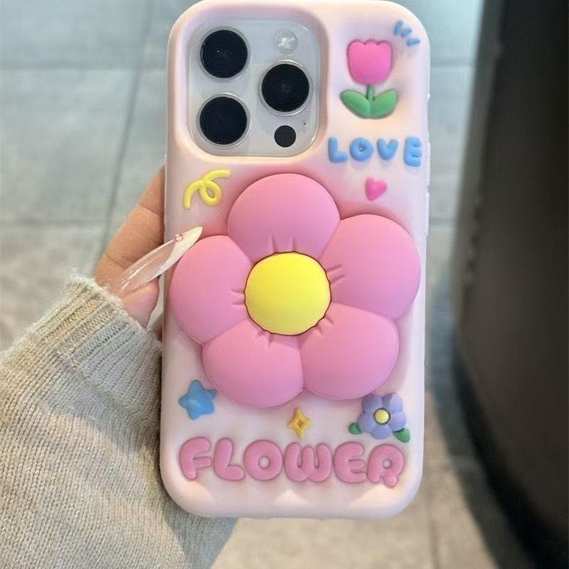 Trendy 3D Flower iPhone Case with Kickstand – Soft & Fresh Style