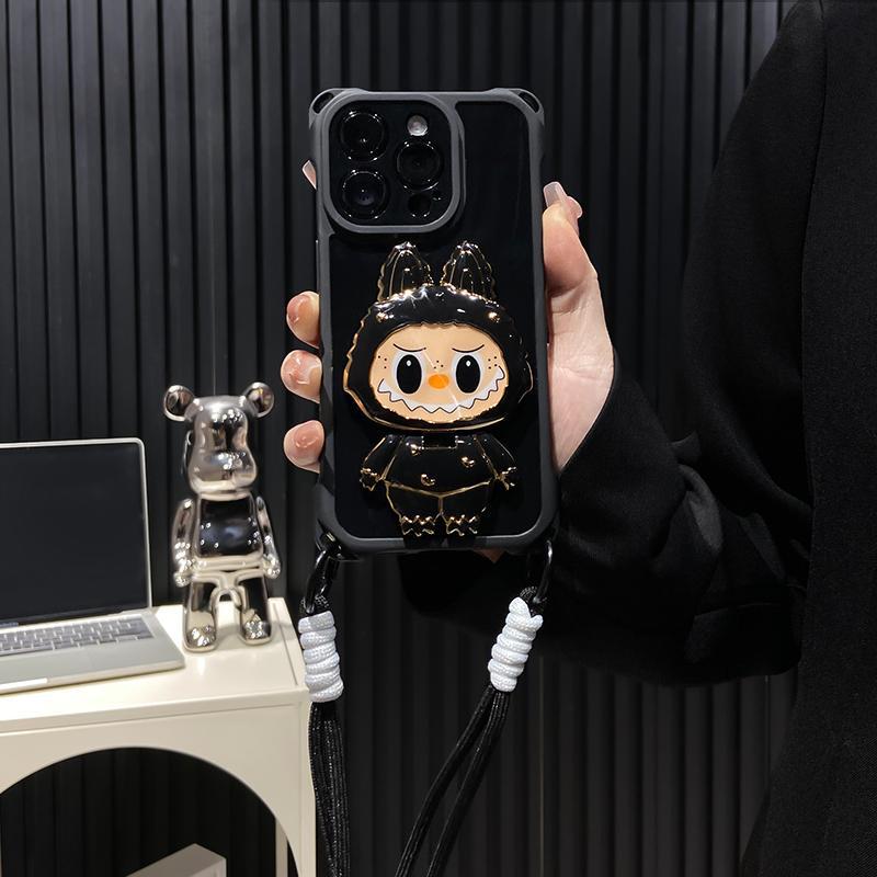 硬殼 Labubu 鏡子支架 iPhone 保護殼 – 可旋轉鏡子 |防震設計