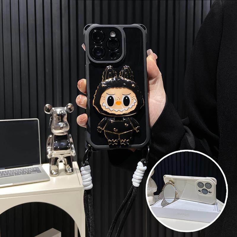 硬殼 Labubu 鏡子支架 iPhone 保護殼 – 可旋轉鏡子 |防震設計