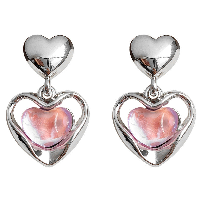 Iridescent Pink Heart Drop Earrings – French Sweet Chic with Edgy Twist accessories