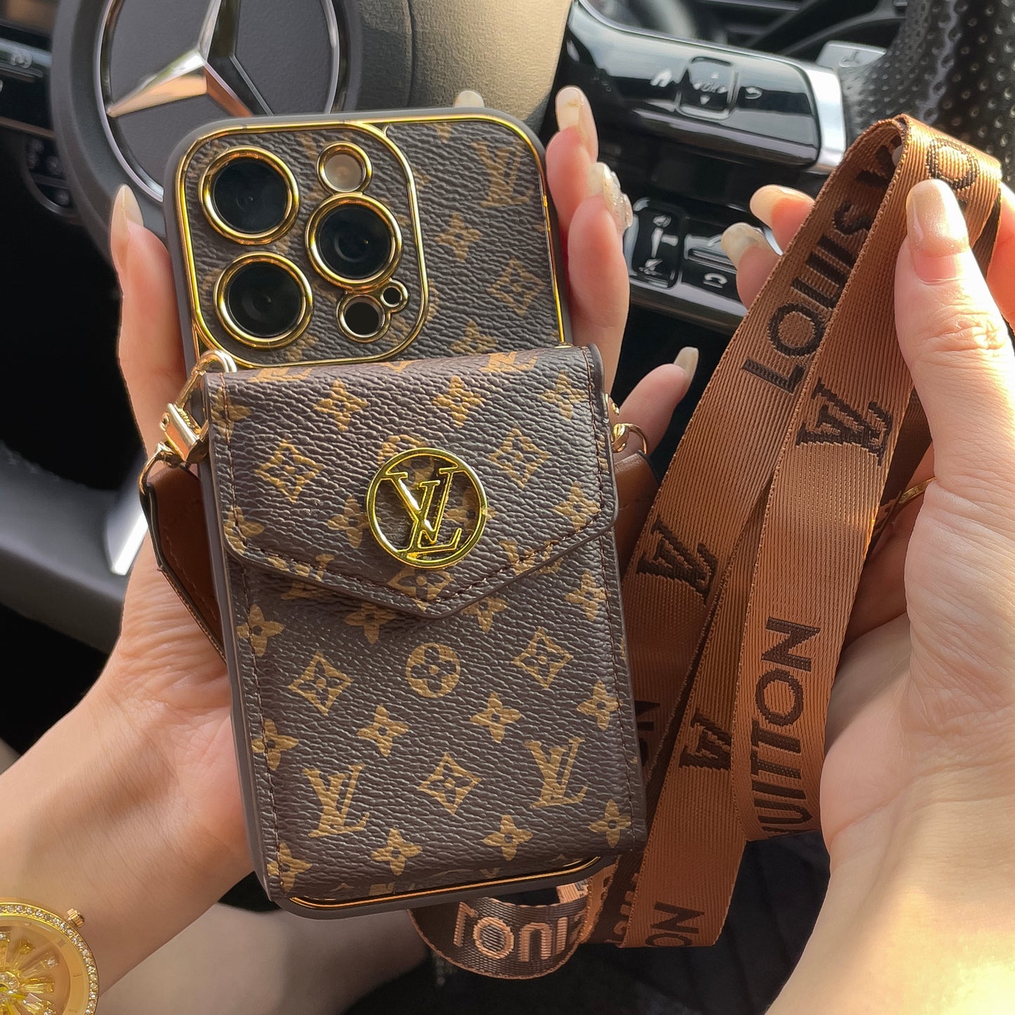 Luksuriøst avanceret læder-iPhone-etui med kortpung og rem