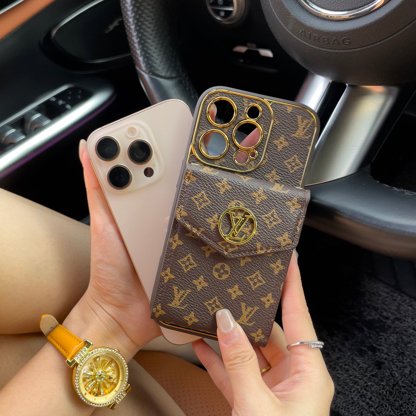 Luksuriøst avanceret læder-iPhone-etui med kortpung og rem