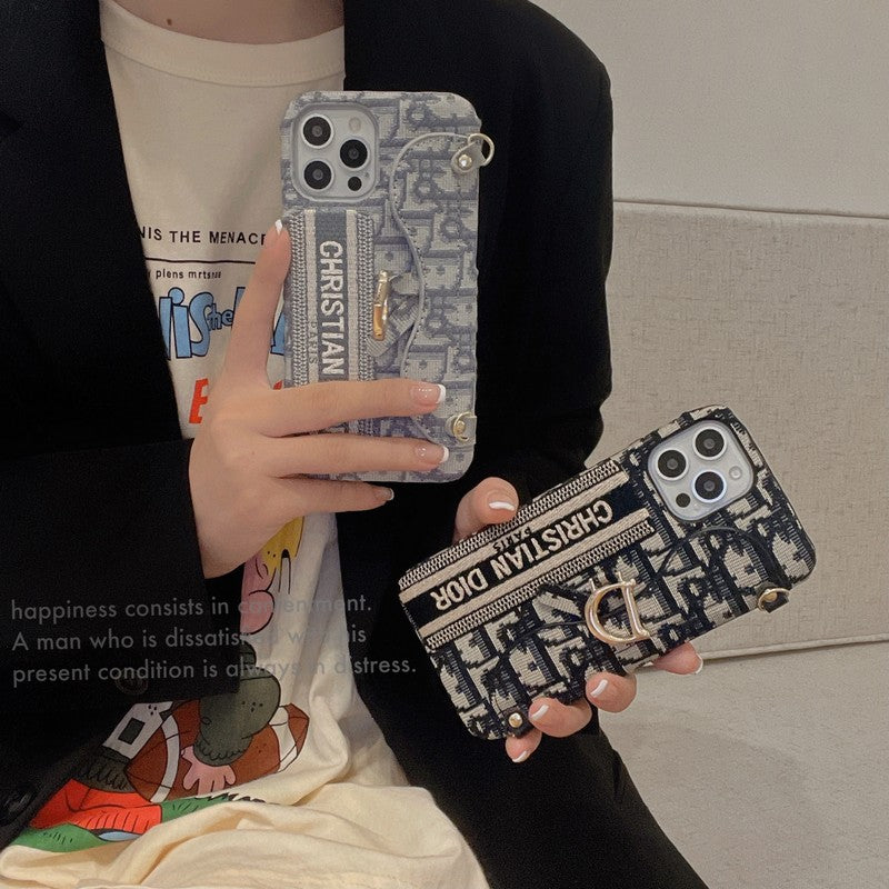 CD fekete és szürke szövet kártyatáska Crossbody iPhone tok