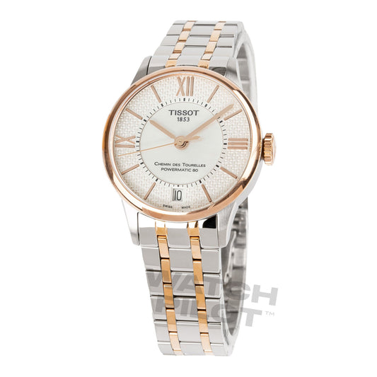 티쏘 Chemin Des Tourelles Powermatic 80 레이디스 화이트 로즈 골드 시계